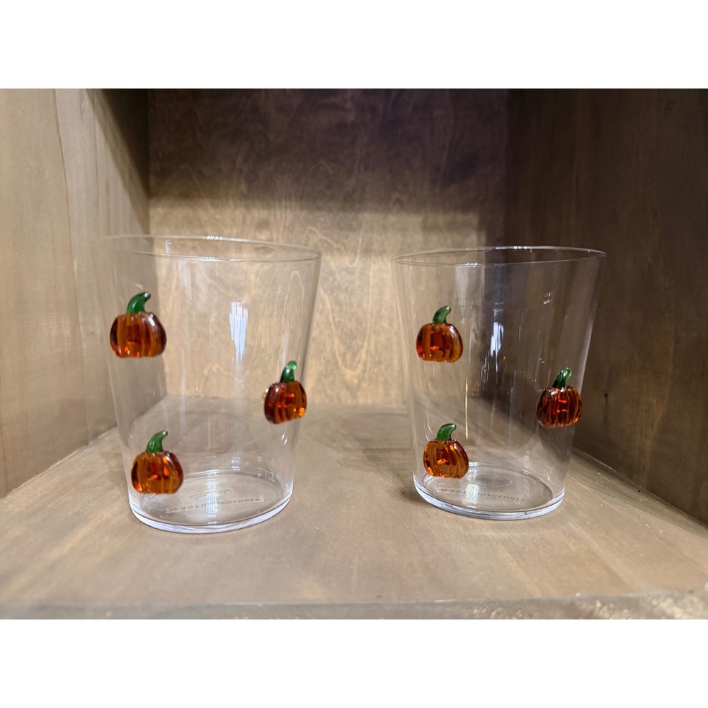 Anthropologie 3D Pumpkin Juice Glass Set of 2 Clear Orange Fall Autumn Decor